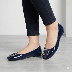 Tory Burch Georgia Ballet Flats Size 9 Perfect Navy Patent Leather Square Toe